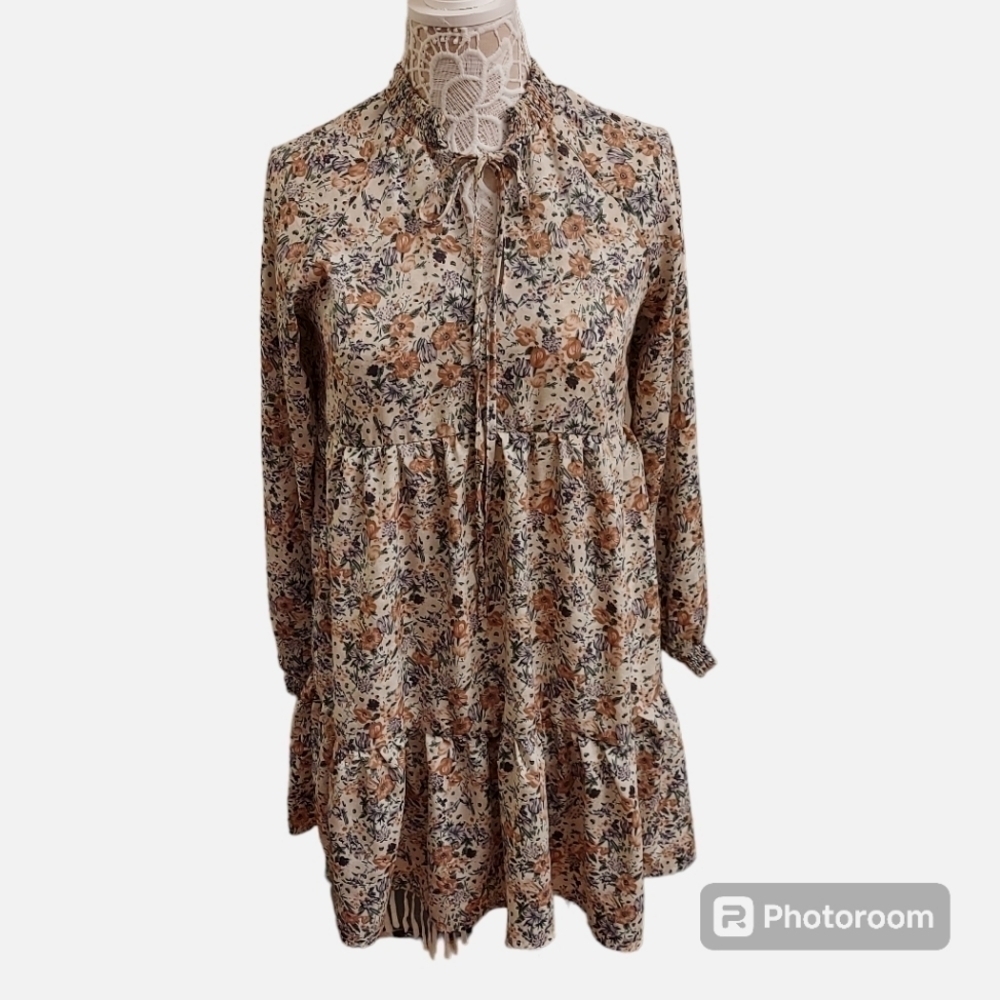 SHEIN Ditsy Floral Smocked Neck Long Sleeve Boho Flowy Dress S Feminine